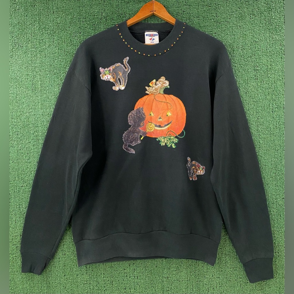 VTG 90’s Handmade Halloween Appliqué Pumpkin Cat Mouse Sweatshirt Women’s Medium